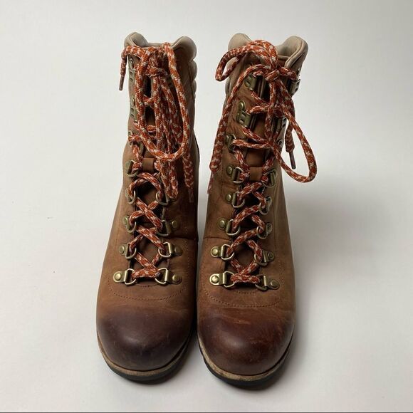 Sorel Conquest Wedge Ankle Boots Elk Camel Leather Lace Up 9.5 PDX - Picture 2 of 6